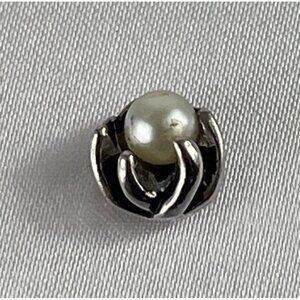 Vintage Silver Tone Tie Tack With Faux Pearl Center & Chain Bar Accessory